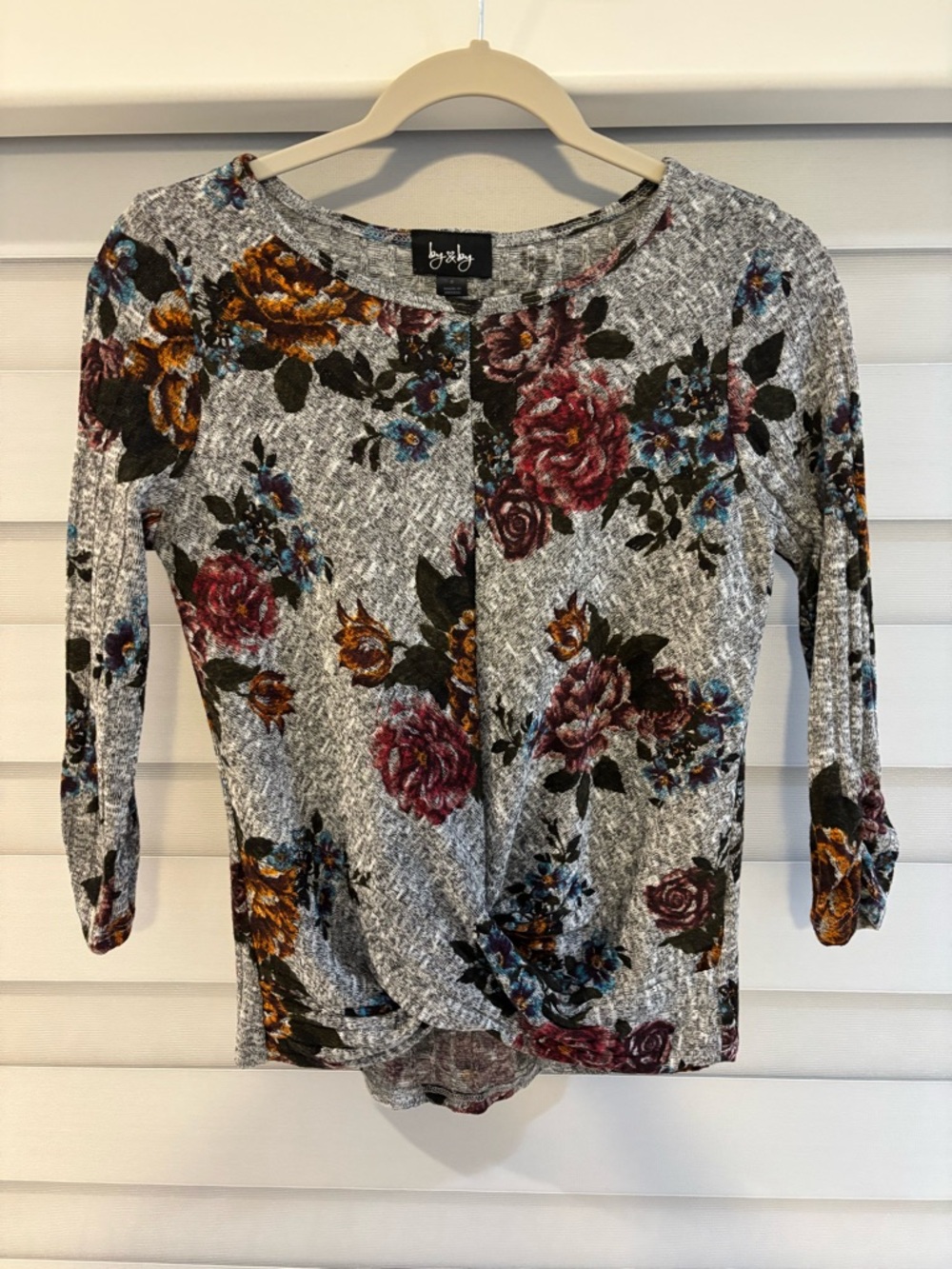 Lush Gray Floral Twist-Front Long Sleeve Top